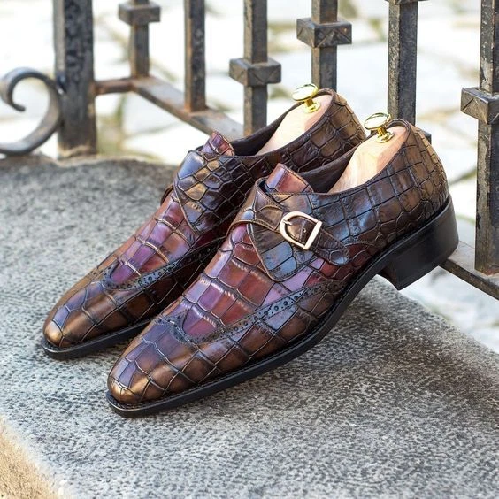 Men's Handmade Dark Brown Croc Print Leather Single Monk Strap Wingtip Shoes