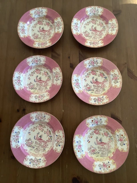 minton Pink Cockatrice. C. 1912-1950. 9646. Lot De 6 Assiettes Creuses.