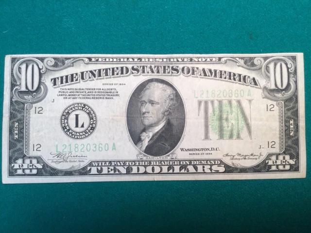 San Francisco $10 Hamilton Series 1934 Ten  Dollar Federal Reserve Note