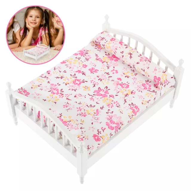 Weiß Hölzern Puppenhaus-Mini-Bett-Modell Schlafzimmerzubehör Für Puppenstuben