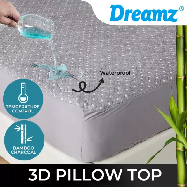 Dreamz Mattress Protector 3D Pillowtop Topper Bamboo Charcoal Waterproof Cover