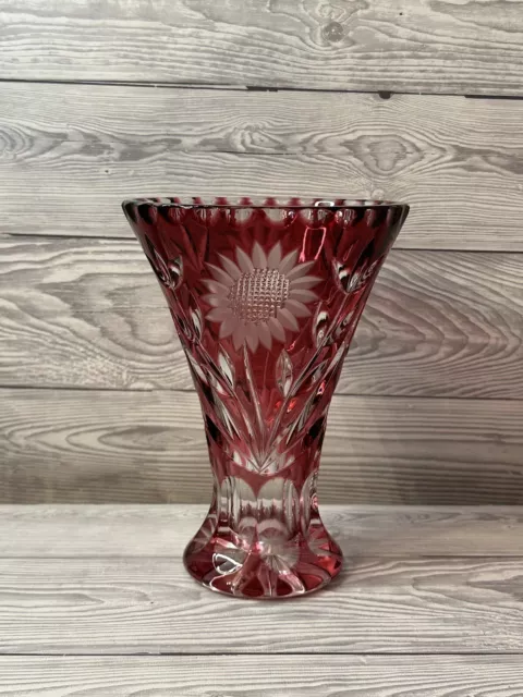 Bohemian Czech Lead Crystal Vase Cut To Clear Ruby Red Crystal 1960’s VINTAGE