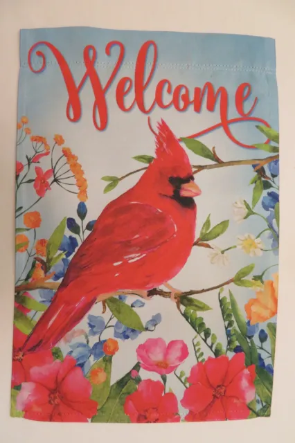 "Welcome" Cardinal, Red Bird, Spring Flowers, Summer, decorative Garden Flag