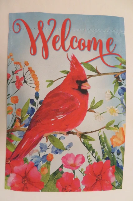 "Welcome" Cardinal, Red Bird, Spring Flowers, Summer, decorative Garden Flag
