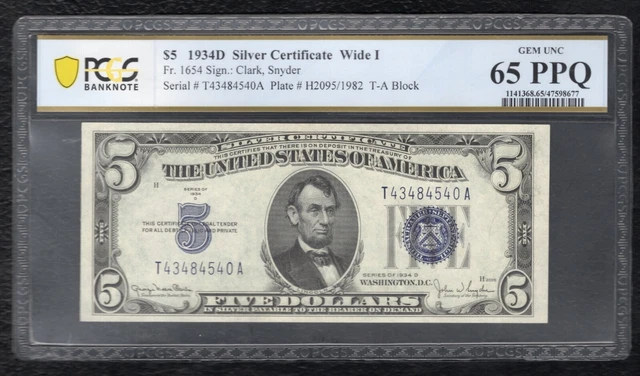 Fr. 1654 1934-D $5 Wide I Silver Certificate Pcgs Banknote Gem Unc-65Ppq (C)