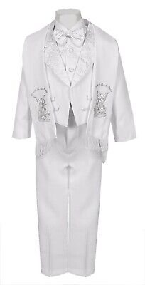 Boys Baptism Tuxedo suit white 6pc with Estola Silver Angel Embroidery Paisley