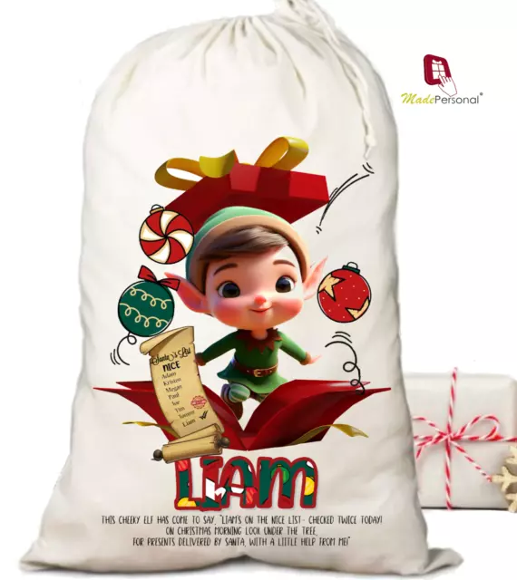 Personalised Christmas Stocking Santa Sack- Any Name - Cheeky Elf Surprise