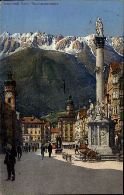 Innsbruck Tirol Color Postkarte 1928 Partie in der Maria Theresienstrasse Säule