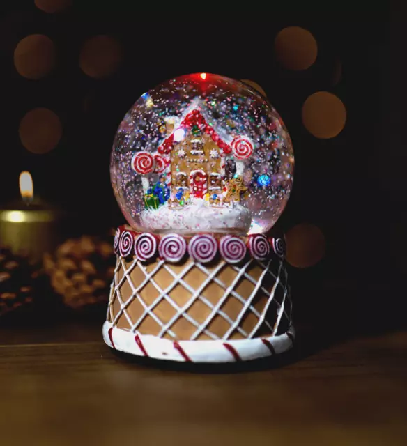 Christmas Snowglobe Musical Decoration LED Light Up Gingerbread House Ornament