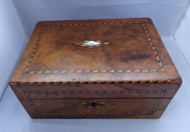 Tunbridge Ware box for sewing, jewellery, with mother of pearl escutcheon