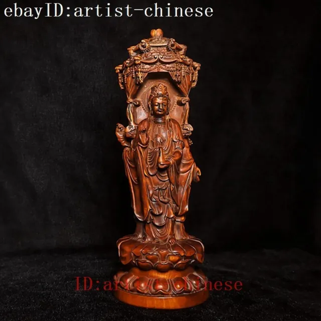 Chinese Boxwood Hand Carved Buddhism Guanyin Kwan-yin Buddha Statue H 7.8 inch