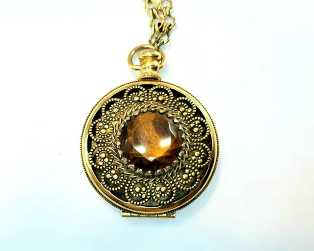 VTG AVON Victorian Locket w/ Amber Gem Ornate Pendant Like Pocket Watch Necklace