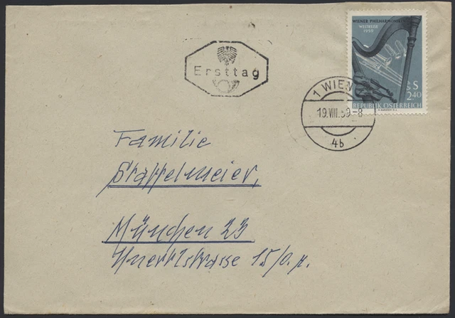 Österreich 1959 "Wiener Philharmoniker" Musik, Brief München EF, MiNr  1071 FDC