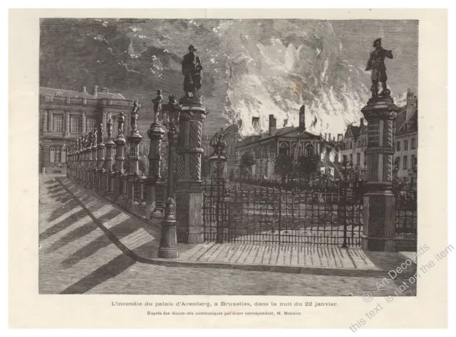 Belgique Bruxelles Incendie au Palais d'Arenberg le 22 Janvier Gravure 1892