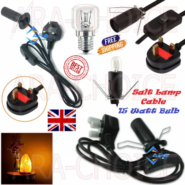 Salt Lamp Fitting Replacement Cable 15W Watts Bulb B Cord Set UK 3 Pin Plug Lead