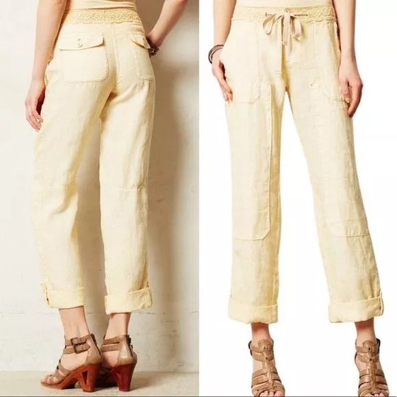 Hei Hei Anthropologie Beige Linen Lace Crop Utility Cargo Pants Size 26 Straight