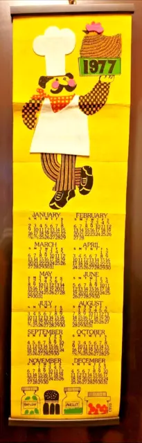 Vintage 1977 Mod Yellow Felt Wall Calendar Kitchen Chef Spices Hen Tea Towel