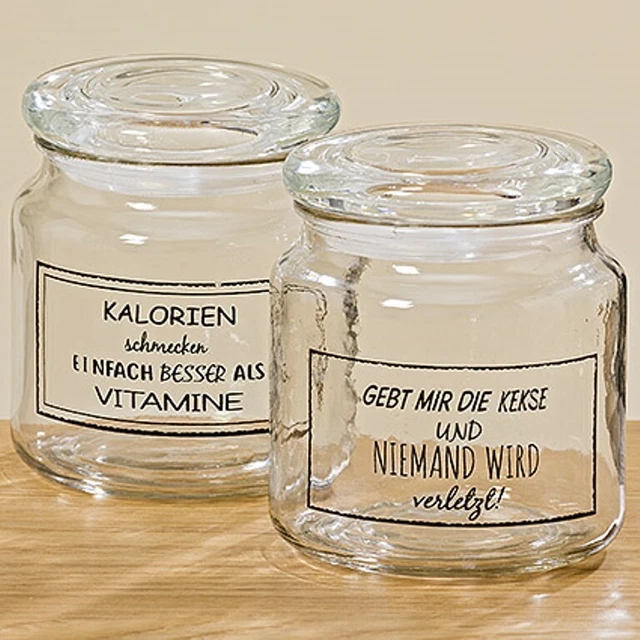 KEKSDOSE AUS GLAS klar Spruch Sprüche Kalorien Kekse 11cm hoch