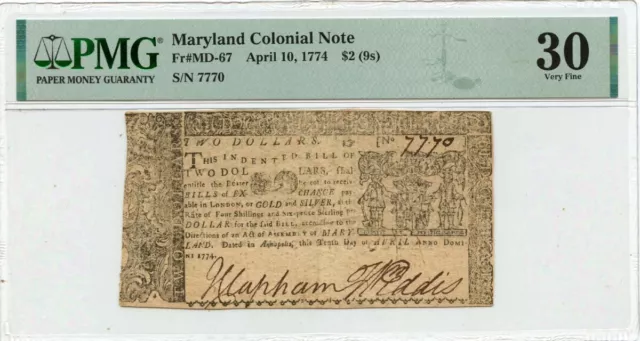 April 10 $2 (9s) Maryland Colonial Note 1774 MD-67 PMG VF30