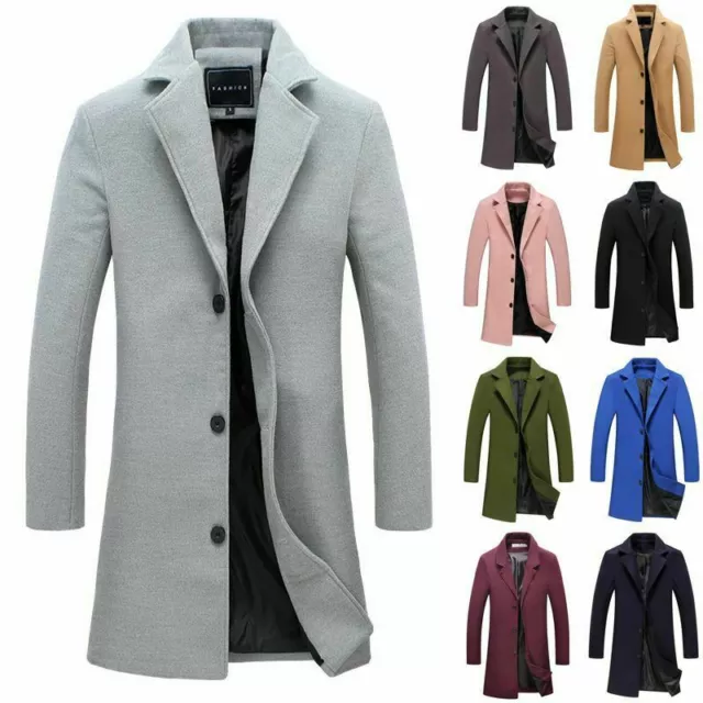 Men Single Breasted Long Jacket Trench Coat Artificia Wool Overcoat Warm Outwear