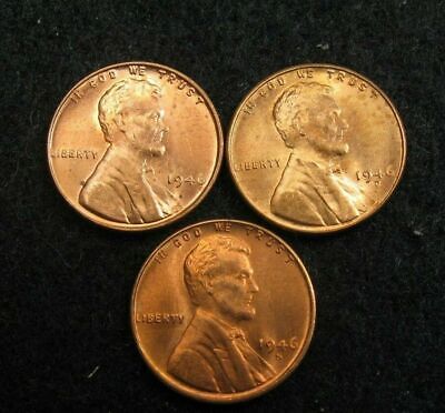 1946 P, 1946 D, 1946 S - LINCOLN WHEAT Cent - CH BU Red / UNC**FREE SHIPPING **