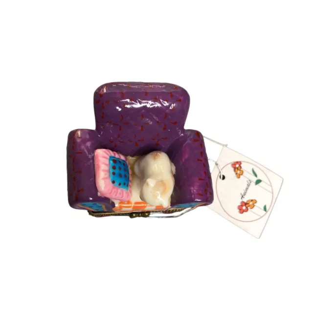 GIFT BOX CAT Chair Porcelain Hinged Trinket Present Jewelry Pill Purple ...