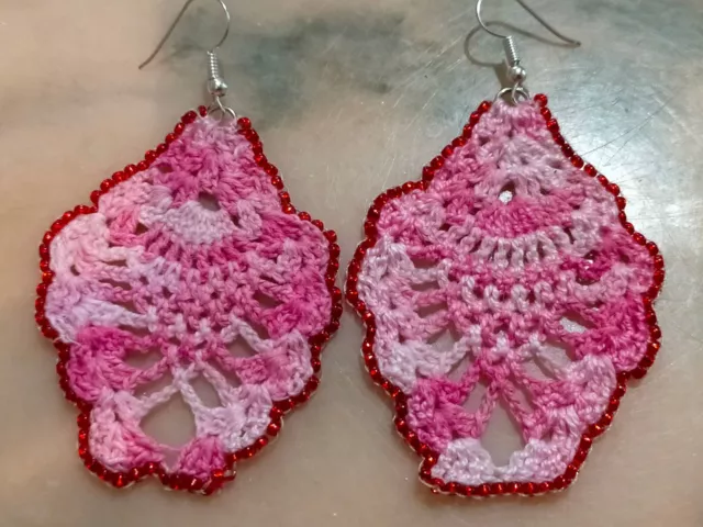 Hand Made Crocheted Beaded Earrings  Unique Pink Cotton Crafted Vintage Style.