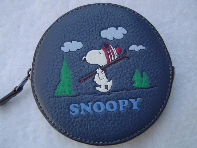 New Authentic Coach Denim Leather Snoopy W/Skis Round Change Purse #Ce947