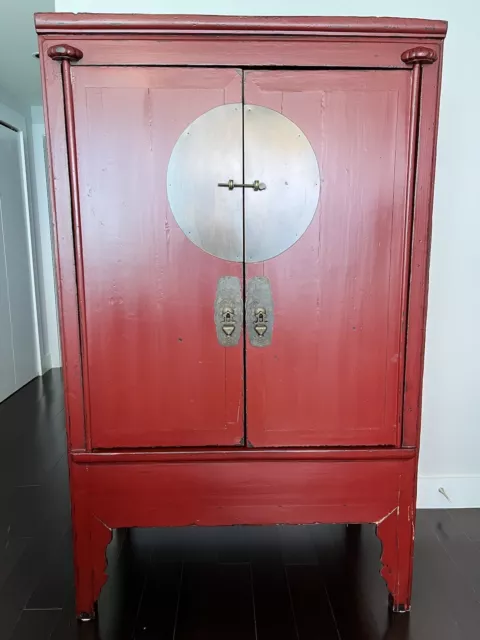 Oriental Antique Chinese Red  Wedding Cabinet/ Armoire With Brass Accents