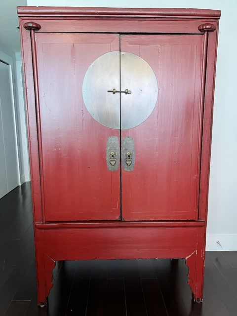 Oriental Antique Chinese Red Wedding Cabinet/ Armoire With Brass Accents Oriental Antique Chinese Red Wedding Cabinet/ Armoire With Brass Accents