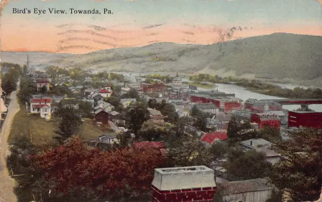 Towanda PA Pennsylvania Aerial View Downtown 1910s Main Street Vtg Postcard P8
