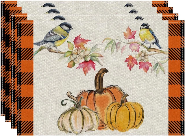 Juego de 4 manteles de calabaza cardinal de otoño hoja de arce pestaña de otoño de Acción de Gracias