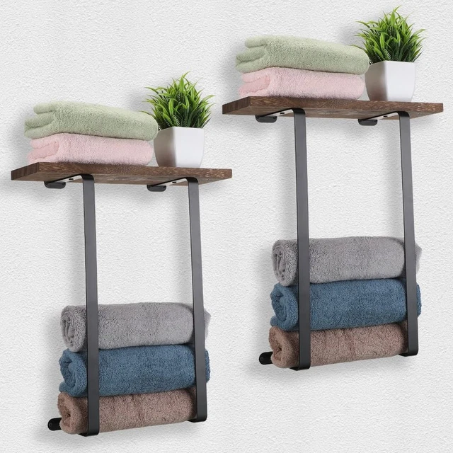 Wall Mounted Metal Bath Towel Holder with Wood Shelf Bathroom Towel Rack
