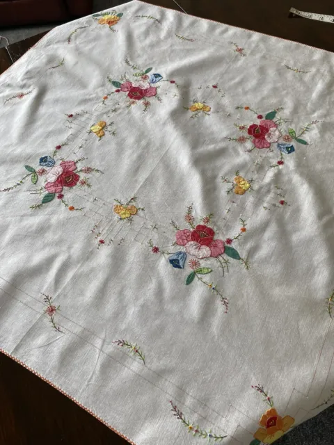 Vintage Embroidered Appliqué White Cotton Tablecloth - 33” x 31”