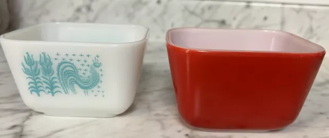 Vintage Pyrex Turquoise And White And Primary Red 1.5 Cup Refrigerator Cups