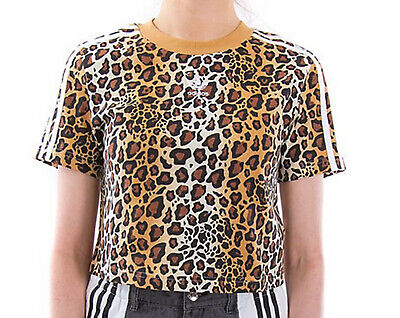 ADIDAS Originals Leopardo Stampa Ritagliata Top 3 strisce Tee T-shirt UK 10 NUOVE ULTIMI 1