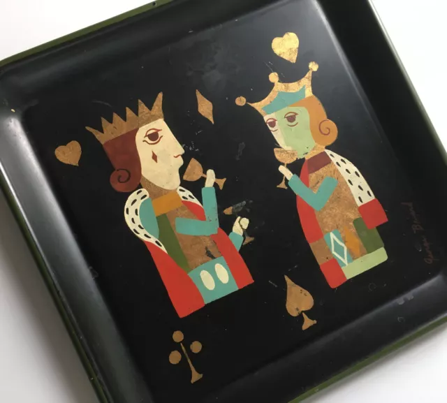 vtg GEORGES BRIARD Painted MSM signed Metal Tray Mod ROYALTY KING playing cards