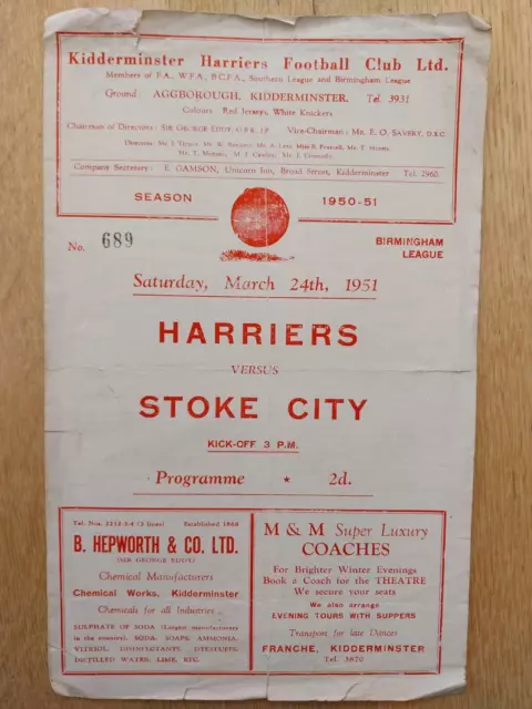 Kidderminster Harriers V. Stoke City - 24.3.51 - Birmingham League