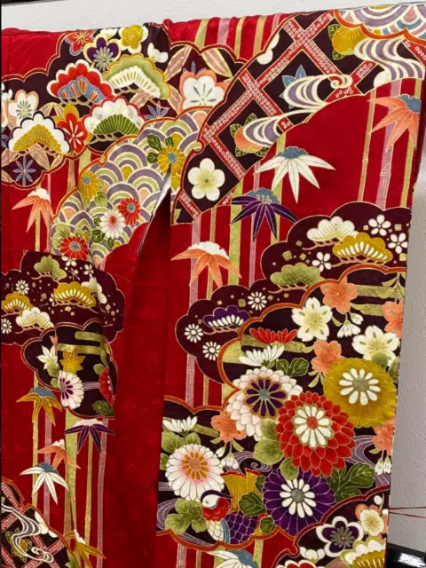 FURISODE KIMONO PURE Silk Red Gold Traditional Japanese Design Gorgeous ...