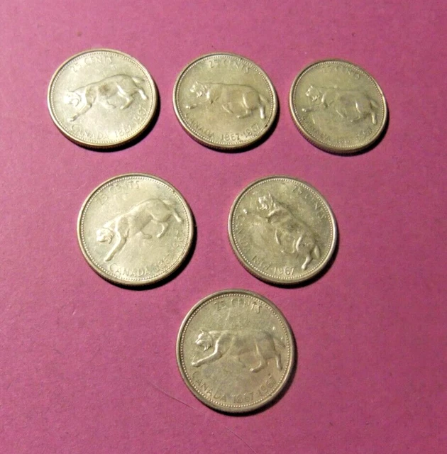 Six 1967 Canada Silver COUGAR Quarters - Circulated