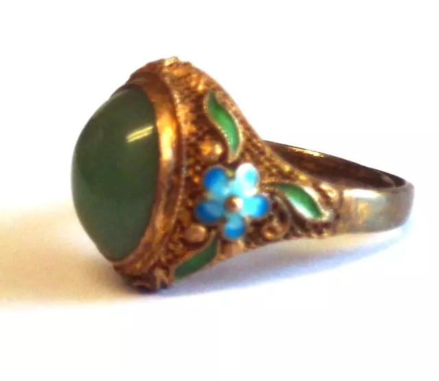 Antique Chinese Export Sterling Silver Enamel Filigree Green Jade Adjustabl Ring