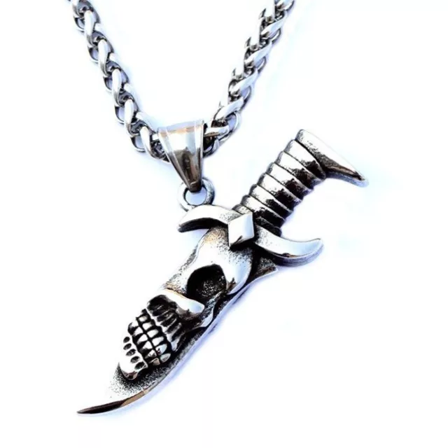 Cool Mens Stainless Steel Tone Mini Dagger Skull Knife Pendant Necklace