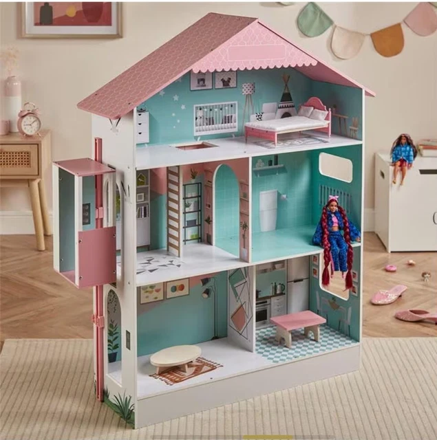 TOY LIFE WOODEN Deluxe Dolls House 3 Storey Mansion + Furniture