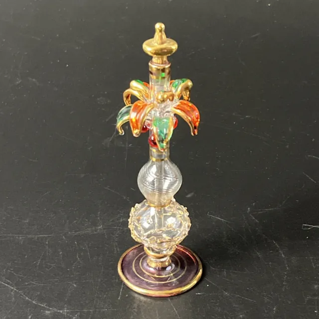 Egyptian Glass Perfume Bottle Multi Color & Gold Palm Tree Stopper Hand Blown 6"