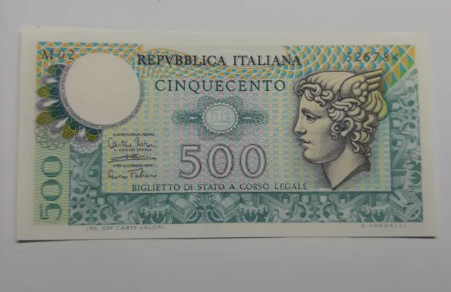 Banconota 500 Lire . Mercurio. Fds .Decr. P.r. 14. Febbraio 1974.