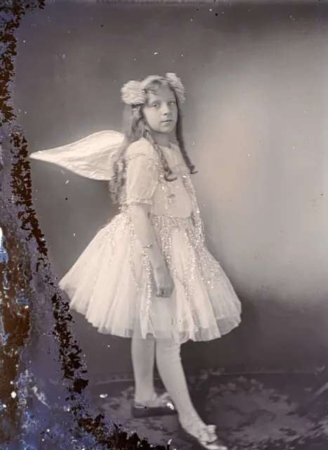 Antique GLASS PHOTO NEGATIVE - Girl w/ ringlets dressed as an Angel or Spryte