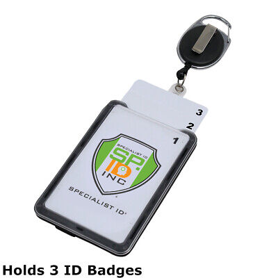 3 Card ID Holder with Retractable Badge Reel w Carabiner & Belt Clip - Vertical