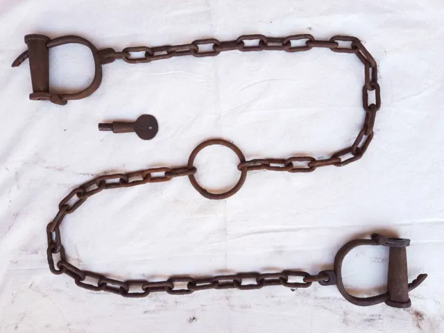 Old Antique Handcuffs Iron Strong Heavy Long chain Rare Adjustable Lock Handcuff