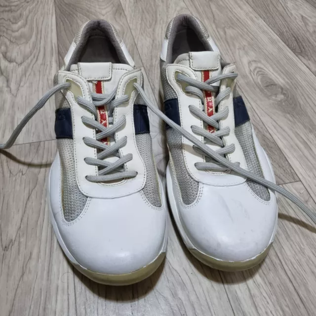 Prada Shoes Cream Silver and White Patent Leather Sneakers Lace Up Size 9.5 Us