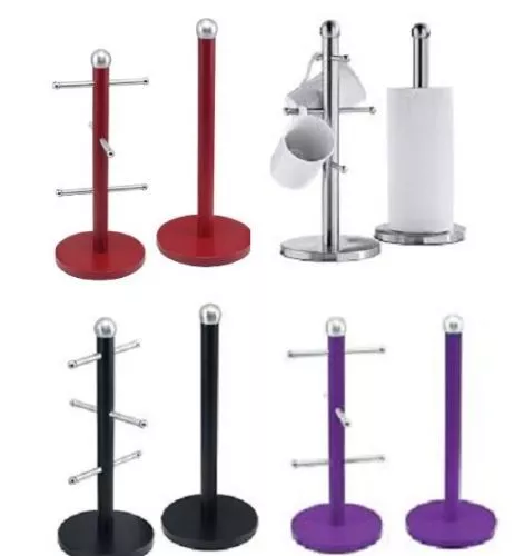 Kitchen Towel Paper Roll Holder Stand Pole 6 Cup Mug Tree Stainless Steel Set